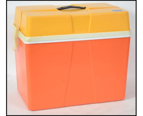 A retro 20th century two tone orange cool box / picnic hamper having a detachable lid with carry handle together with a retro
