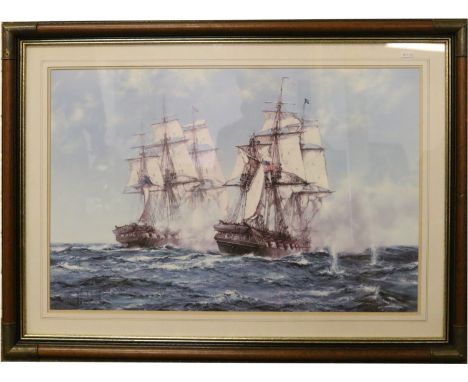 After Montague Dawson seascape depicting an English and American naval frigate at battle.