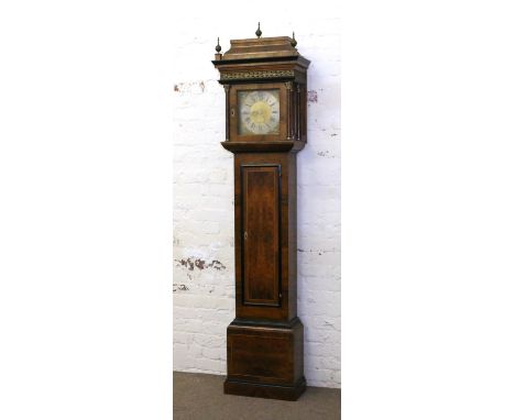 A late C20th Queen Anne style walnut triple weight longcase clock with caddie top, corinthean column supports and having squa