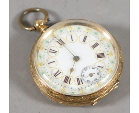 A 14 carat gold fob watch with engraved case having enamel dial with gilt detail and subsidiary seconds.
