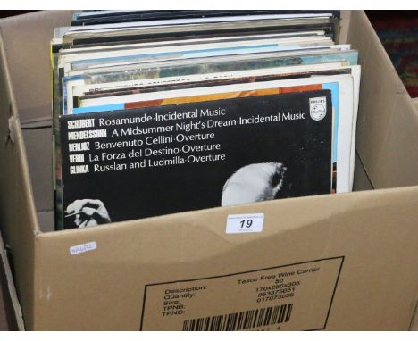 A box of LP records mainly classical including Decca labels and a box of CDs mainly classical genre.