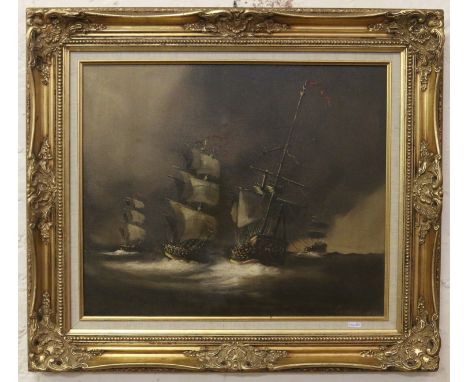 A mid/late twentieth century gilt framed oil on canvas seascape with three frigates, signature indistinct.