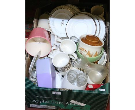 A box of miscellaneous ceramics and glass including 1970s Brendan Erin stone pottery tea and dinner service.