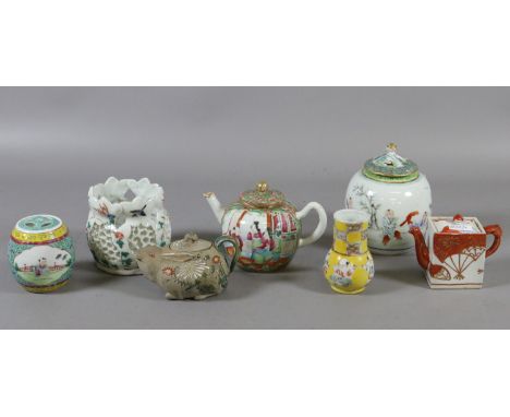 A collection of Asian ceramics including miniature Cantonese teapot, Chinese yellow ground specimen vase and a ginger jar.