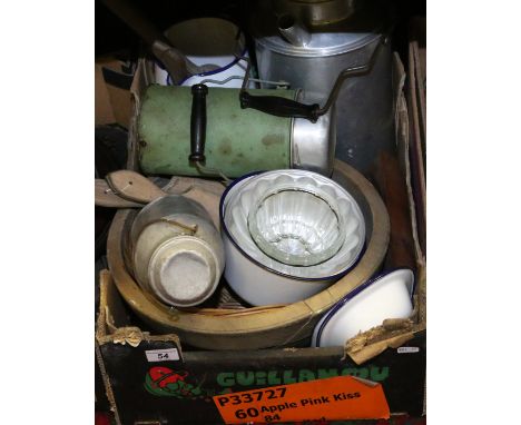 A box of kitchenalia to include vintage thermos flask, enamelware, butter pats, jelly moulds etc.