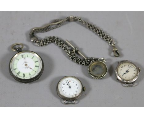 An antique Continental silver fob watch with enamel dial, two antique silver cased wristwatch heads and a white metal watch c