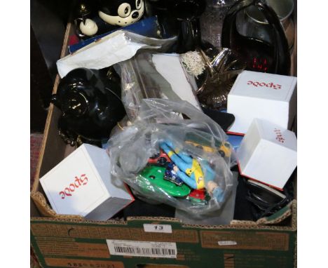 A box of miscellaneous and collectables to include postcards, metalwares, binoculars, glass paperweights, fine arts porcelain