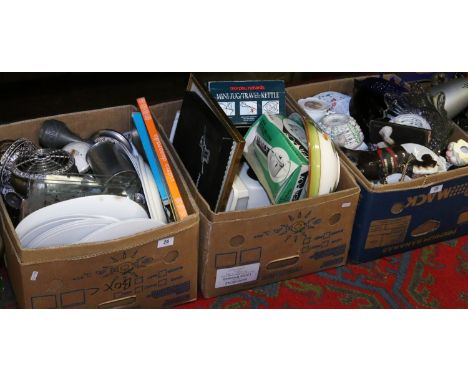 Three boxes of miscellaneous including ceramics and glass, silver plate, framed print and Teasmade.