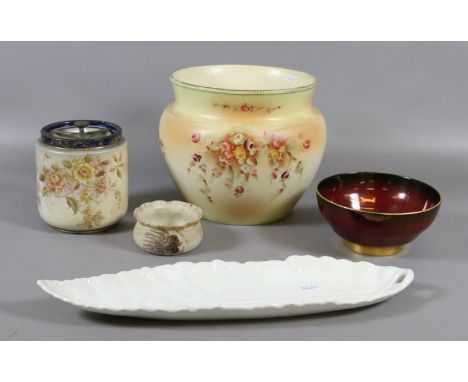 Five pieces of Carltonware: a jardiniere, white heather dish, leaf dish, tobacco jar and a Rouge Royale bowl.