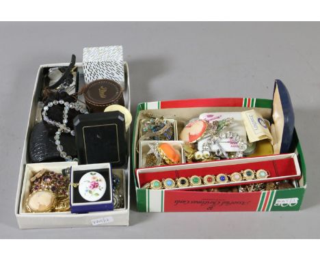 Two boxes of mixed vintage costume jewellery including hardstone gilt bracelet, cameo brooches and brooches set with coloured