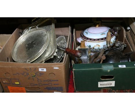 Two boxes of metalwares, vintage tools, etc.