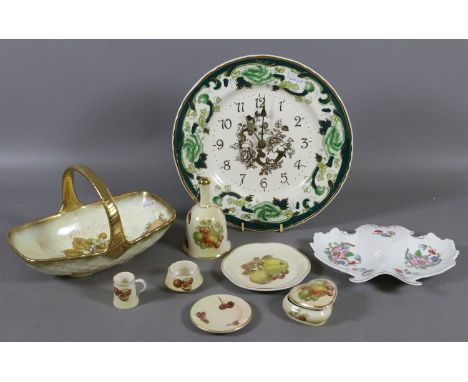 A Masons Chartreuse clock, Aynsley dish, Hammersley and Palissy pieces.