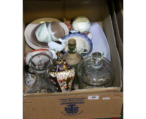 A box of ceramics and glass including Poole, Royal Crown Derby and Spode commemorative bottle etc.