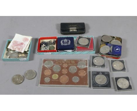 A collection of old coins, banknotes and medals including British Crowns, silver and enamel St Johns Ambulance medal and Geor