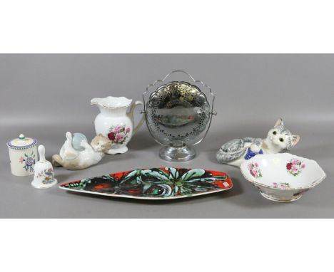 A collection of ceramics and a silver plated cakestand along with a Poole conserve jar, a Poole dish and a Nao cat.