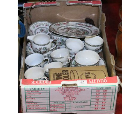A box of mixed ceramics to include a Johnson Bros Ironstone tea service decorated in the Indian tree pattern, along with a te