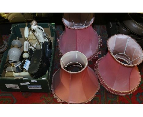 A box containing tablelamps including alabaster example, cased Korean binoculars, modern and vintage cameras.