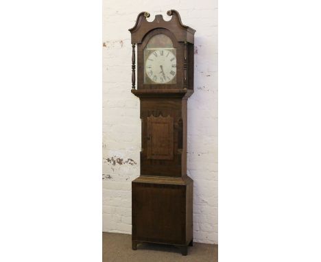 An early 19th century oak and mahogany 30 hour longcase clock with painted arch top dial depicting Britannia having Roman num