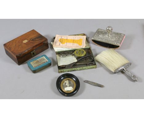 A lot of collectables to include a Victorian rosewood box, a silver handled crumb brush, a Victorian miniature portrait in eb