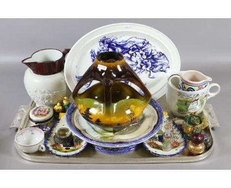 A good tray of mixed ceramics including C19th Davenport tongue stand, sprigware jug, two Quimper dishes, Poole jug, New hall 