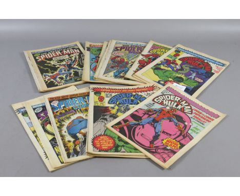 A collection of vintage Spiderman and Hulk weekly comics along with issues of Spiderman weekly.
