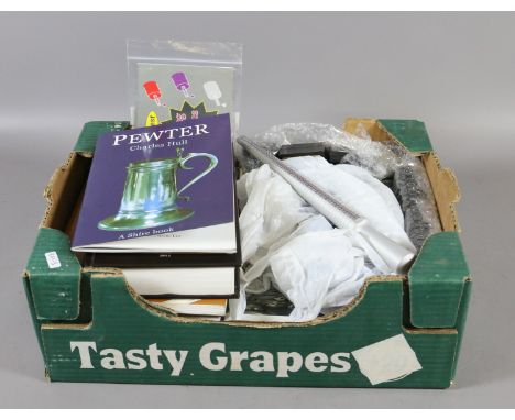 A box of jewellers tools and reference books to include Coins of England and Jacksons Silver and Gold Marks books along with 