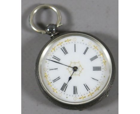 A continental silver cased fob watch with enamel dial.