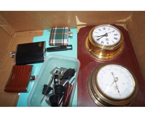 Box with barometer, hip flasks and wine stoppers 