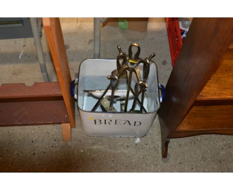 A fire companion stand and an enamel bread bin 