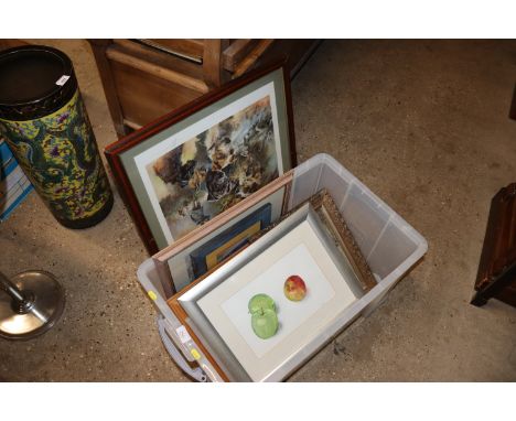 A box of various pictures and prints and a large seascape 