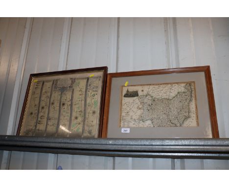 A framed and glazed map of Suffolk and a framed and glazed map "The Road From Kings Lynn to Harwich"