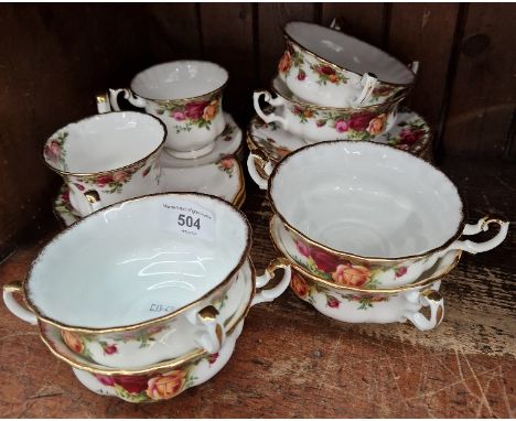 Royal Albert ‘Old Country Roses’ - 6 soup coupes and stands together with two cups and two items made as a combined saucer/pl