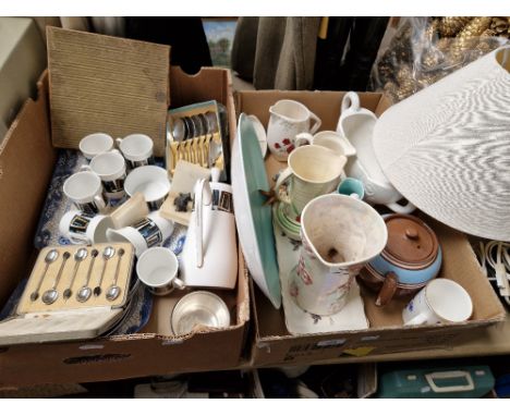 A mixed lot (2 boxes) of mostly ceramics including Windsor 'Troy' coffee set, plated ware, Harrods bean spoons, Poole pottery