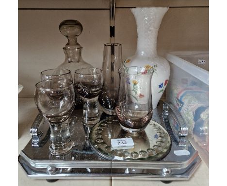 A Caithness Canisbay smoked glass decanter designed by Colin Terris, together with other glass and pottery. 