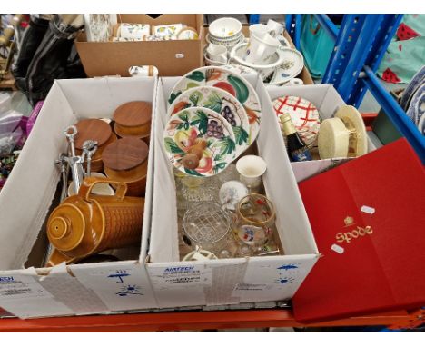 A mixed lot comprising Hornsea pottery, Spode Preston Guild plate, glassware, Wedgwood, metal fireside set, etc. 
