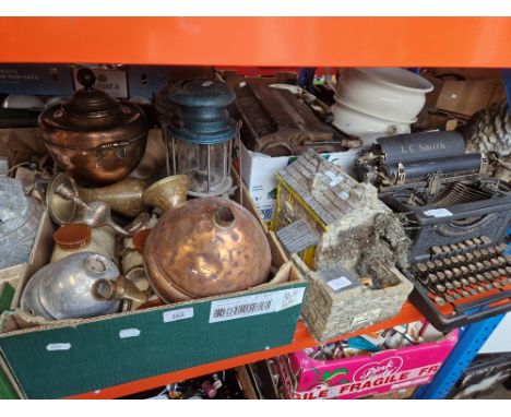 Assorted items including a vintage typewriter, tilley lamps, metalware, carpet sweepers, bed pans and a model of a Tockholes 