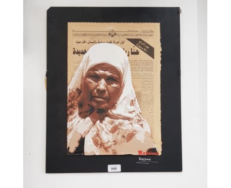 Random (aka the Barnsley Banksy), street art, mixed media, portrait of a Middle Eastern woman, painted on Arabic newspaper, 2