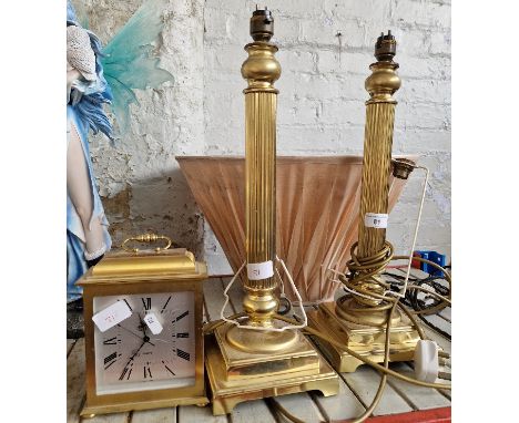 2 brass column table lamps, 1 shade, and a brass quartz clock 