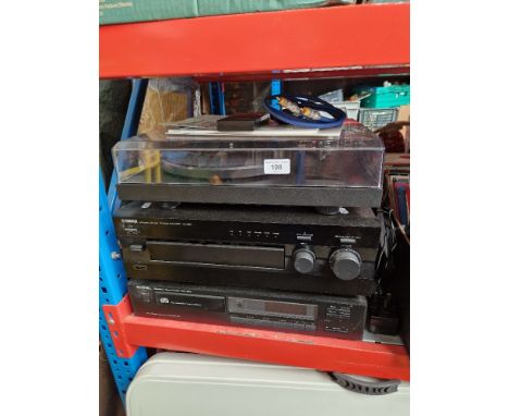 A Project turntable, a Rotel CD player and a Yamaha stereo amplifier together with two Mordaunt speakers (speakers not workin