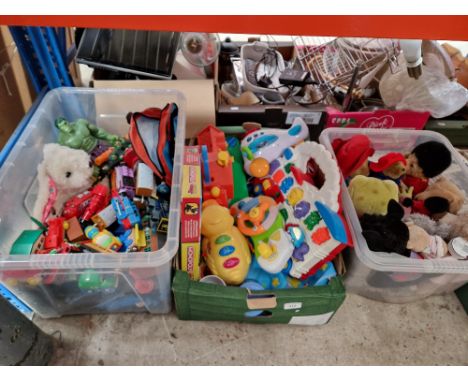 3 boxes of assorted toys to include vintage thomas the tank engine set. 