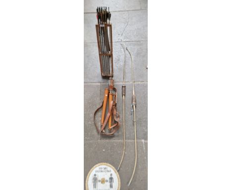 Vintage Archery equipment comprising two Apollo Merlin bows, 19 Apollo Clubmaster, Pathfinder and Wilcock arrows, arrow stand