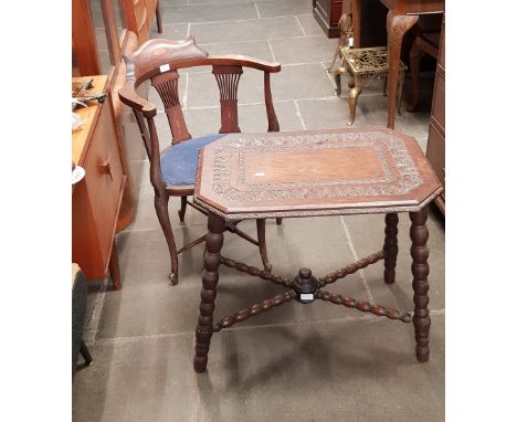 A corner chair and a bobbin leg tables. 