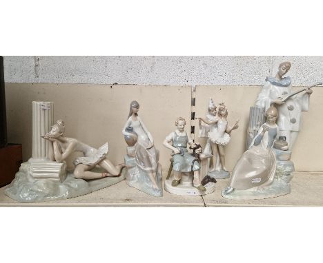 A group of six Lladro, Nao and similar figures.&nbsp;Condition - three pieces damaged/repair, see images, other pieces ok.