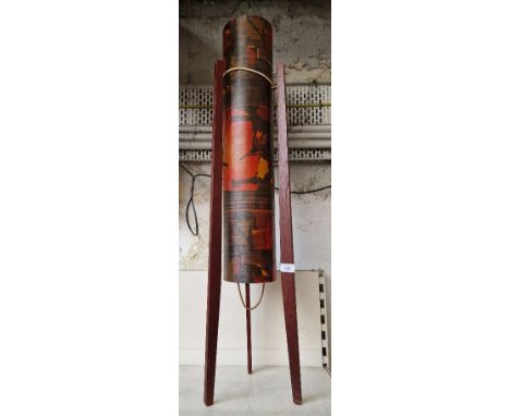 A mid century rocket lamp, teak legs, acrylic shade, 105cm height. 