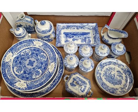 A box of Spode blue white wear including, teapot, plates, lidded jars, jugs, etc. 