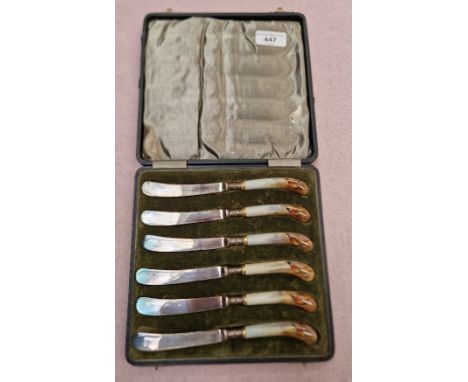 A cased set of six Royal Worcester pistol grip knives, hand painted and signed Stinton.Condition:- General wear through age, 