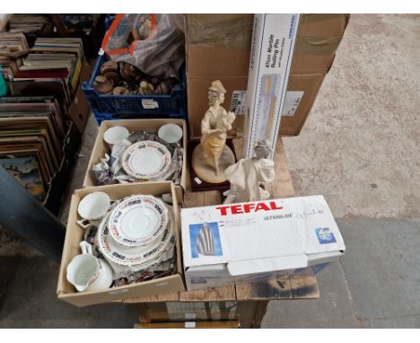 Two Naples style resin figures, a tea set and a marble rolling pin. 