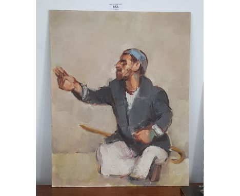 Harold Riley (British, 1934-2023), oil on board, portrait of a man begging, 40cm x 50cm, signed 'Riley 68' to lower right. 