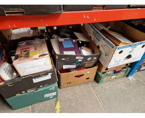 Seven boxes of mixed household items, ornaments, CD player, lamp, scales, glassware, etc. 