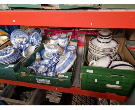 Two boxes of assorted blue and white pottery and a box of Royal Worcester Vitreous dinner wear. 